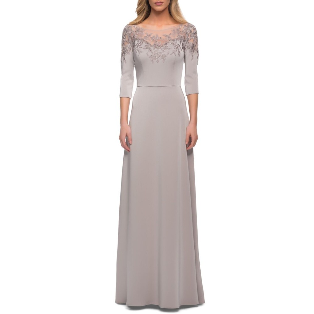 La Femme Embroidered Illusion Neck Gown 18 Silver Gray Dress Wedding NWT B11